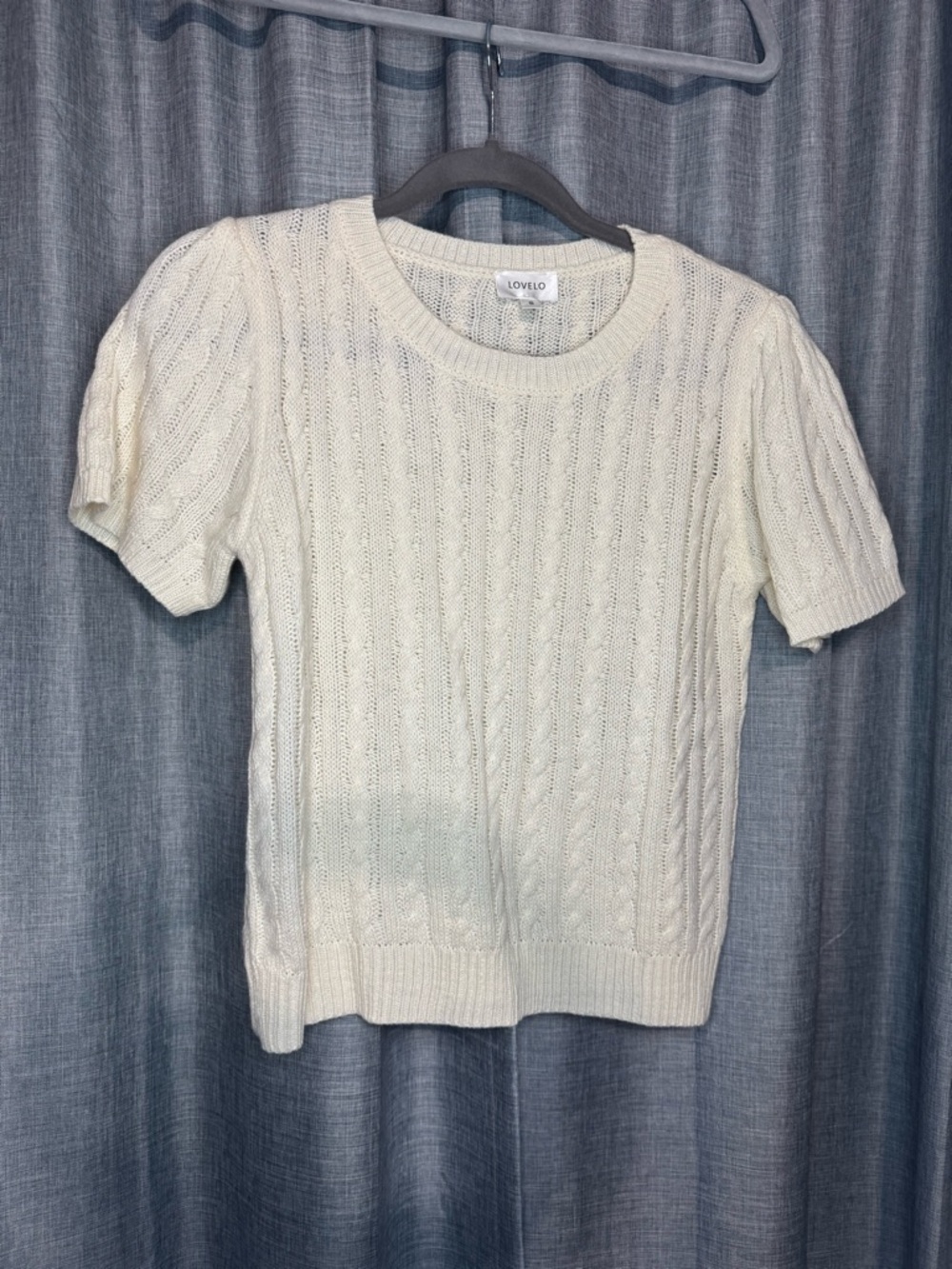 LOVELO Cream Cable-Textured Short Sleeve Crew Sweater